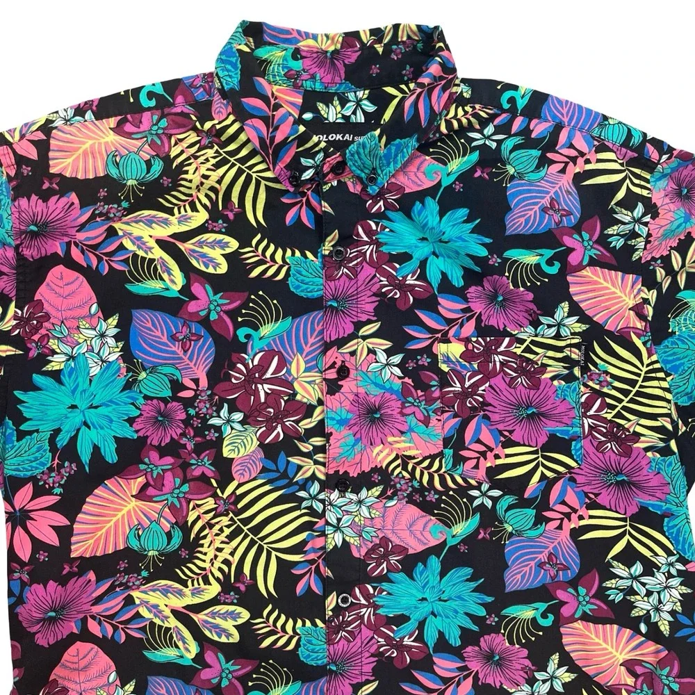 Molokai Surf Co Mens Tropical Floral Hawaiian Button Down Shirt Black Cotton XXL